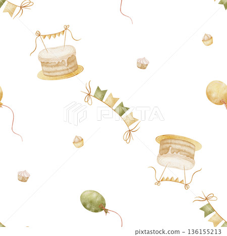Pattern birthday cake cupcakes, air hot balloons party garland. Watercolor illustrations in childish style. Seamless print hand-drawn on isolated background for textiles fabrics baby clothes packaging Pattern birthday cake cupcakes, air hot balloons party garland. Watercolor illustrations in childish style. Seamless print hand-drawn on isolated background for textiles fabrics baby clothes packaging 136155213