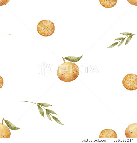 Pattern tangerine fruits, oranges green leaves. Watercolor illustrations of tropical citrus for children. Seamless print hand-drawn on isolated background for textiles fabrics baby clothes wallpaper Pattern tangerine fruits, oranges green leaves. Watercolor illustrations of tropical citrus for children. Seamless print hand-drawn on isolated background for textiles fabrics baby clothes wallpaper 136155214