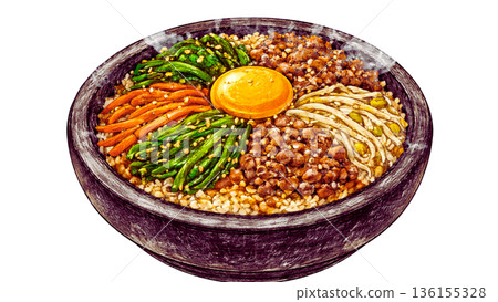 Korean food illustration of hot stone-grilled bibimbap 136155328
