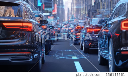 Self driving cars are navigating through city streets, utilizing augmented reality interfaces to display real time data and enhance their autonomous driving capabilities 136155361