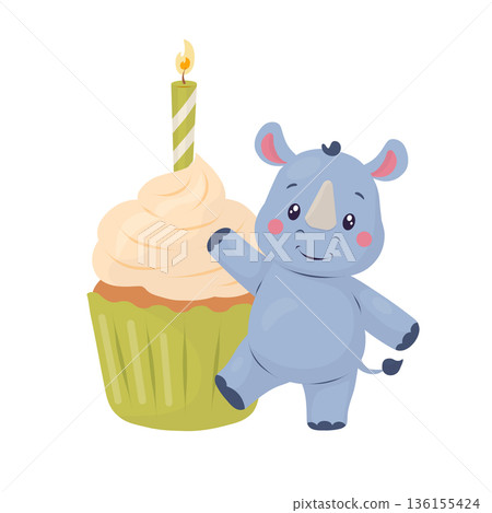 An adorable baby rhinoceros stands next to a birthday cupcake with a lit candle. This cute pastel flat vector illustration is perfect for baby shower invitations, greeting cards, nursery prints, An adorable baby rhinoceros stands next to a birthday cupcake with a lit candle. This cute pastel flat vector illustration is perfect for baby shower invitations, greeting cards, nursery prints, 136155424