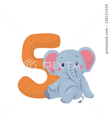 Orange number five with a baby elephant. Cute pastel flat vector cartoon, clean style. Kids safari animal character for 5th birthday invitations, greeting cards, posters, stickers, nursery decor web. 136155429