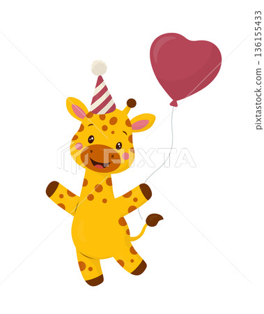 Baby giraffe in a striped party hat holding a red heart balloon; soft pastel flat vector cartoon; cute safari animal character; for kids birthday invites, greeting cards, posters, stickers, decor web. Baby giraffe in a striped party hat holding a red heart balloon; soft pastel flat vector cartoon; cute safari animal character; for kids birthday invites, greeting cards, posters, stickers, decor web. 136155433