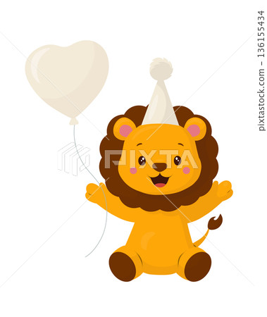 Baby lion in a party hat holding a white heart balloon. Soft pastel flat vector cartoon. Cute safari animal character for kids birthday invites, greeting cards, posters, stickers, decor web. Baby lion in a party hat holding a white heart balloon. Soft pastel flat vector cartoon. Cute safari animal character for kids birthday invites, greeting cards, posters, stickers, decor web. 136155434
