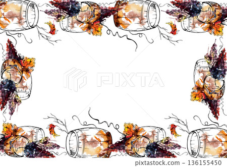 Border frame of wooden barrel kegs and grape clusters, grapevine tendrils and branches in watercolor wash and ink outline. Perfect for wine region tourism brochures, invitations, bottle or box labels 136155450