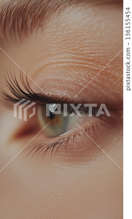 Extreme close up of a woman's eye highlighting long, dark eyelashes, a vibrant green iris, and smooth, healthy skin, suggesting beauty, health, and possibly cosmetic enhancements 136155454
