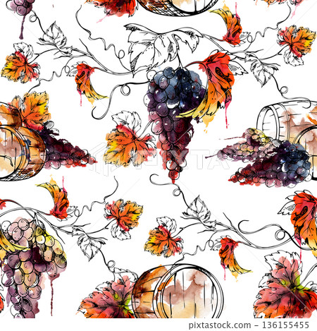 Wooden barrels paired with grape bunches and leaves on curled vines. Seamless pattern hand drawn in watercolor and ink for heritage labels, wallpaper, wrapping paper, brochures, restaurant design. Wooden barrels paired with grape bunches and leaves on curled vines. Seamless pattern hand drawn in watercolor and ink for heritage labels, wallpaper, wrapping paper, brochures, restaurant design. 136155455