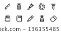 Drawing tool icons set. Paintbrushes, opened paint tube, notebook and palette. 136155485