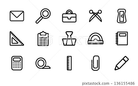 Office tools icon set. Pencil sharpener and tape, magnifying glass and ruler. Office tools icon set. Pencil sharpener and tape, magnifying glass and ruler. 136155486