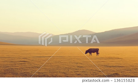 Cow grazes peacefully in a golden field at sunrise, with misty mountains providing a serene backdrop, showcasing the tranquility of rural life and the beauty of nature 136155828