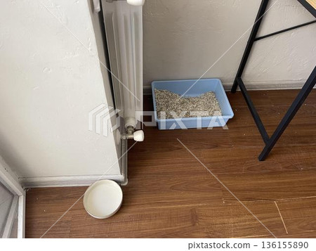 A cat litter box next to a door 136155890