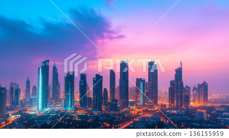 Dubai marina impressive skyline glowing at sunset with colorful clouds and city lights illuminating the modern skyscrapers and traffic on the highway 136155959