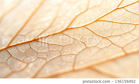 Sunlight illuminating delicate leaf veins creates an intricate pattern, revealing the stunning beauty and complexity found in nature's design during the golden hour of autumn 136156002