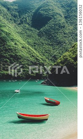 Two vibrant wooden boats resting on tranquil turquoise waters of a secluded cove, surrounded by lush green slopes of a tropical island, create a serene paradise 136156032