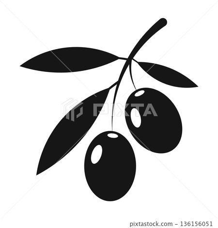 Two Olives on a Branch with Leaves Silhouette Icon for Mediterranean Food and Oil 136156051