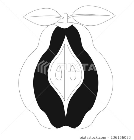 Line Art Halved Pear Fruit Icon with Seeds and Leaves for Healthy Eating 136156053