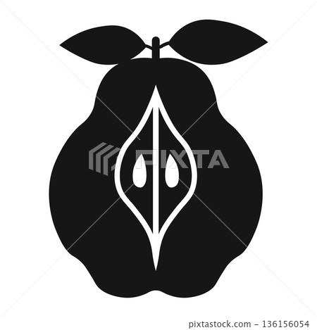 Halved Pear Fruit Silhouette Icon with Seeds and Leaves for Natural Food Concepts 136156054