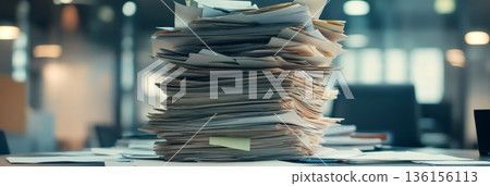 Towering stack of papers dominates a cluttered office desk, symbolizing the chaos and stress of multitasking and time management in a busy work environment Towering stack of papers dominates a cluttered office desk, symbolizing the chaos and stress of multitasking and time management in a busy work environment 136156113