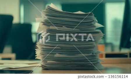Large stack of papers on a desk symbolizing multitasking and time management challenges. Represents chaos and stress in a busy workplace with looming deadlines and organizational issues Large stack of papers on a desk symbolizing multitasking and time management challenges. Represents chaos and stress in a busy workplace with looming deadlines and organizational issues 136156114
