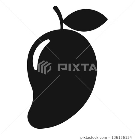 Simple black silhouette of a ripe mango with a leaf and stem on a white background, representing healthy food and tropical fruit. Simple black silhouette of a ripe mango with a leaf and stem on a white background, representing healthy food and tropical fruit. 136156134