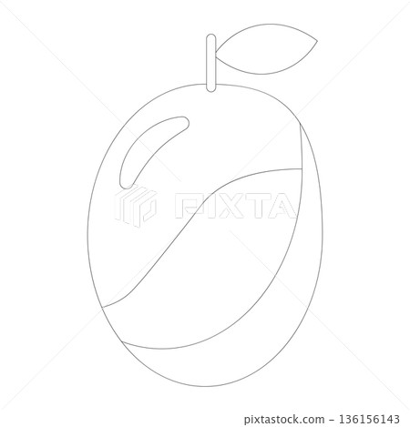 Outline drawing of a plum or prune with a leaf and stem on a white background 136156143