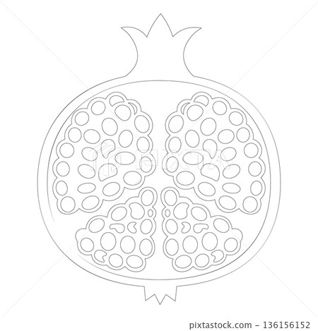 Minimalist Line Art Outline of a Halved Pomegranate with Seeds, Ideal for Coloring or Cookbook Art 136156152