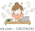 一位女士正在電腦上記帳。插圖描繪了一位擔心報稅的女士。 136156242
