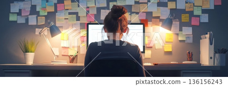 Professional sits at a cluttered desk, surrounded by sticky notes and illuminated by desk lamps, symbolizing multitasking and stress in a fast paced work environment with looming deadlines 136156243