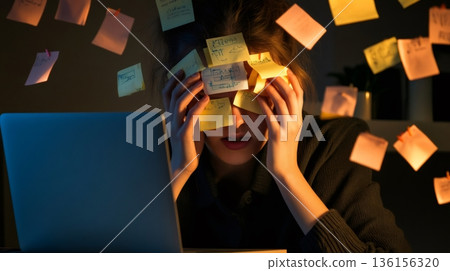 Professional buried in sticky notes struggles to manage time and tasks. The scene captures the chaos and stress of multitasking under tight deadlines. Highlighting the pressure of modern work life 136156320