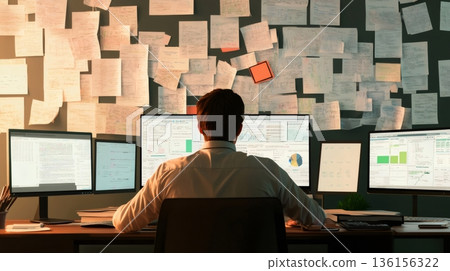 Office worker surrounded by screens and sticky notes, managing multiple tasks under tight deadlines. The scene captures the chaos and stress of modern work environments 136156322