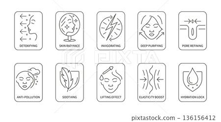 Skincare properties icons set for cosmetic labeling. Thin line pictograms, Detox, Radiance, Lifting and Hydration. Vector illustration. Skincare properties icons set for cosmetic labeling. Thin line pictograms, Detox, Radiance, Lifting and Hydration. Vector illustration. 136156412