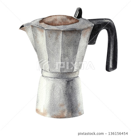 Hand drawn watercolor moka pot isolated on white background for menu design, cafe and restaurant decoration Hand drawn watercolor moka pot isolated on white background for menu design, cafe and restaurant decoration 136156454