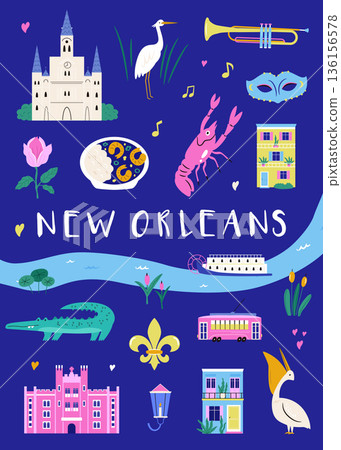 New Orleans Symbols Poster with Jazz Music, Mardi Gras, Architecture and Local Food. Cute Flat Vector Illustration New Orleans Symbols Poster with Jazz Music, Mardi Gras, Architecture and Local Food. Cute Flat Vector Illustration 136156578