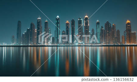 Dubai marina skyline reflecting on water at night, featuring illuminated skyscrapers and modern architecture of luxury apartments and hotels, creating a vibrant urban scene 136156632