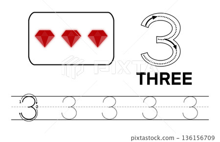 Educational worksheet teaching number three with counting icons, tracing arrows, dotted lines, handwriting practice. Clean learning design for preschool, kindergarten, homeschooling, number writing Educational worksheet teaching number three with counting icons, tracing arrows, dotted lines, handwriting practice. Clean learning design for preschool, kindergarten, homeschooling, number writing 136156709