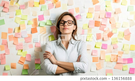 Woman surrounded by colorful sticky notes, eyes closed, trying to manage multiple tasks and deadlines. Represents multitasking, stress, and time management in a chaotic work environment 136156888