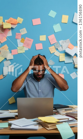 Professional sitting at a cluttered desk, surrounded by colorful sticky notes, showing signs of stress and chaos. Multitasking challenges and deadline pressures are evident 136156890