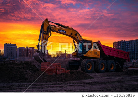 Construction equipment at sunset creates a stunning scene. The vibrant colors highlight this powerful machine in action. Ideal for industrial and transportation themes. Generative AI 136156939