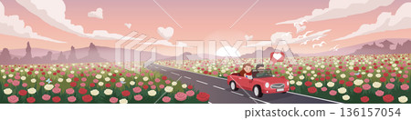 Romantic couple driving red car on asphalt road through rose field with heart clouds. Vector illustration for Valentine's day and honeymoon concept. for banner background. Romantic couple driving red car on asphalt road through rose field with heart clouds. Vector illustration for Valentine's day and honeymoon concept. for banner background. 136157054