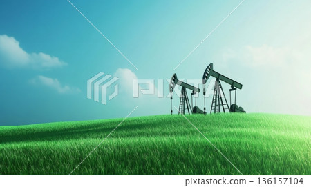 Two oil pumps are extracting petroleum in a green field under a blue sky with some clouds, representing the concept of oil industry, pollution and high prices Two oil pumps are extracting petroleum in a green field under a blue sky with some clouds, representing the concept of oil industry, pollution and high prices 136157104