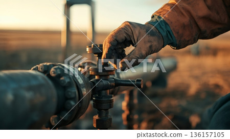 Oil worker wearing dirty gloves adjusts a valve on a pipeline at an oil field, potentially controlling the flow of crude oil during a beautiful sunset 136157105