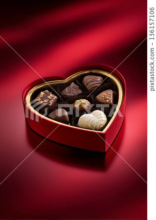 Heart shaped box filled with chocolates, a sweet Valentine's Day gift representing love and romance 136157106