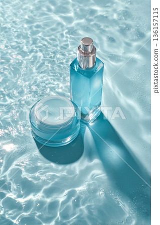 Skincare beauty products on shimmering blue water surface, representing hydration and refreshment for healthy skin 136157115