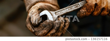 Close up of oil worker hands tightly gripping a wrench, covered in dirt and grime, symbolizing the pollution and price challenges facing the oil industry 136157116