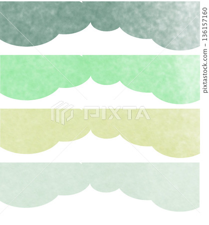 一組蓬鬆的綠色水彩相框。手繪頂部裝飾框，用於自然風格的傳單裝飾。 136157160