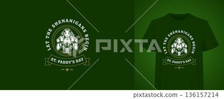 Saint Patricks Day Girl With Beer Mugs Vector Illustration T-shirt Print Template 136157214
