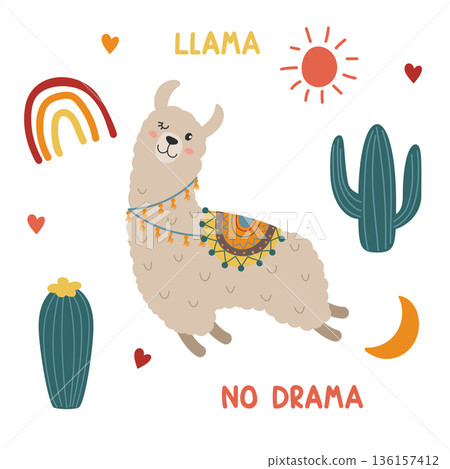 cute llama and decor elements cute llama and decor elements 136157412