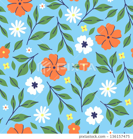Seamless pattern with flowers and leaves on a blue background. Vector graphics. 136157475