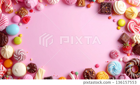 Frame background material with margins and sweets arranged on a pink background 136157553