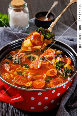 Swamp Soup with Sausage Kale White Bean and Orzo 136157740